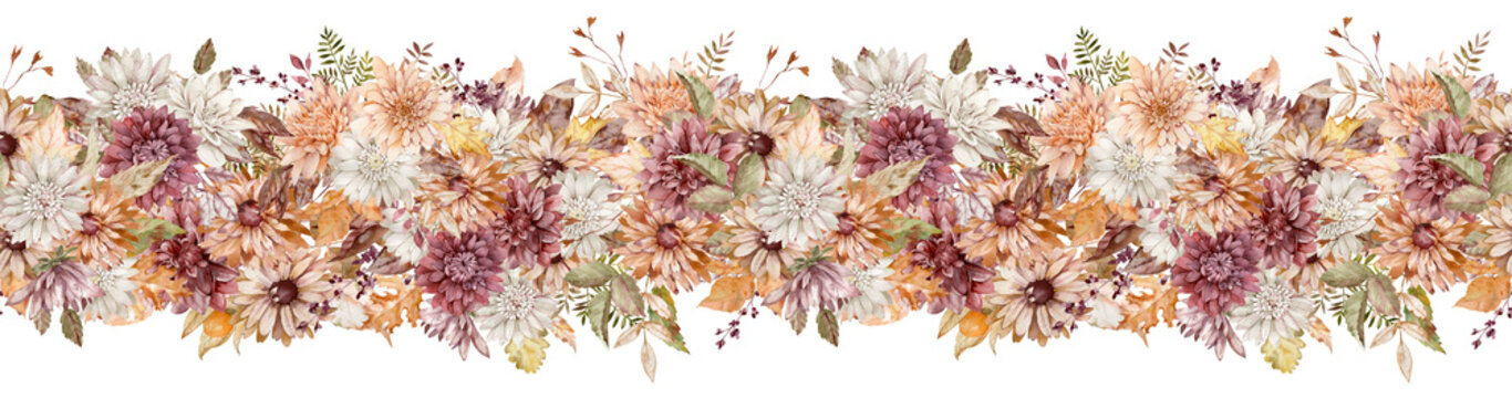 Watercolor Fall Flowers Border. Autumn Floral Header. Beautiful Seamless Border. Crimson, White And Orange Asters Pattern.