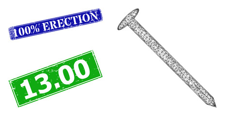 Triangular steel nail image, and 100% Erection blue and green rectangular textured seals. Polygonal carcass illustration is created from steel nail pictogram.