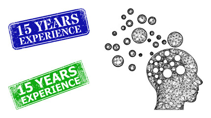 Mesh man idea generation model, and 15 Years Experience blue and green rectangle scratched seals. Mesh wireframe symbol based on man idea generation pictogram.