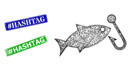 Network fishing hook image, and #Hashtag blue and green rectangular textured stamp seals. Mesh wireframe image is based on fishing hook pictogram.