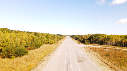 Aerial, Landing strip for Aircraft, Forest, Highway,  Autumn