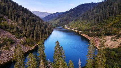 Mountain Lake, Sunny, Coniferous Forest, Cliffs, Blue 