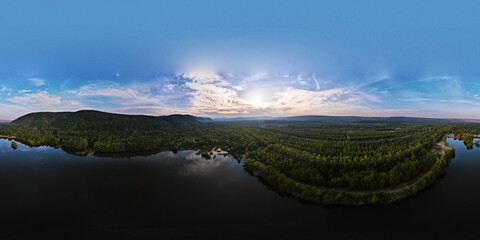 Panorama, park, lake, mountains, aerial, morning, cloudy, forest