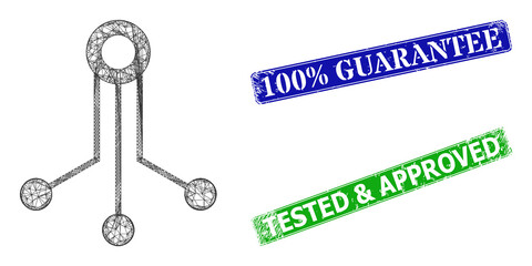 Mesh electronic sensor image, and 100% Guarantee blue and green rectangular rubber stamp seals. Polygonal wireframe image is designed with electronic sensor pictogram.