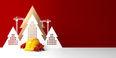 A protective helmet among poinsettia flowers on the background of abstract Christmas tree shaped buildings.
3D render Christmas template for construction, building, engineering or real estate company.