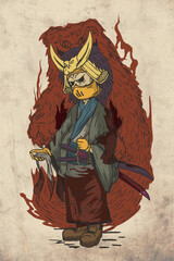 Samurai illustration with red spirit enveloping it, in vintage style