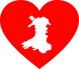 Fototapeta premium White map of Wales inside red heart shape