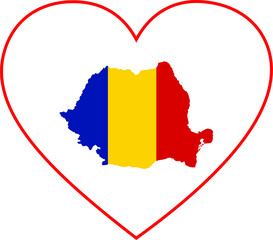 Map of Romania with national flag inside white heart shape with red stroke