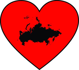 Black map of Russia inside red heart shape with black stroke