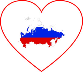 Map of Russia with national flag inside white heart shape with red stroke