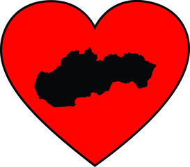 Black map of Slovakia inside red heart shape with black stroke
