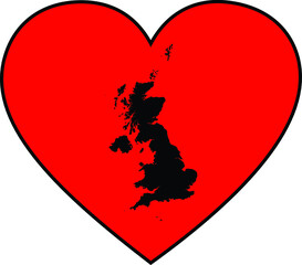 Black map of United Kingdom inside red heart shape with black stroke