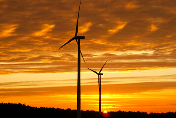Obraz premium Electric wind turbines farm sunset