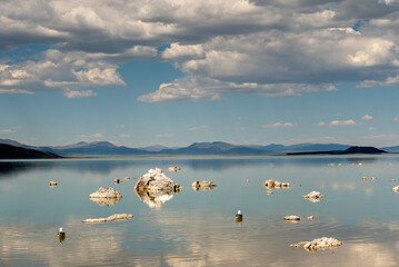 Mono Lake South Tufas area, featuring a cloudy blue sky and salty geological formations