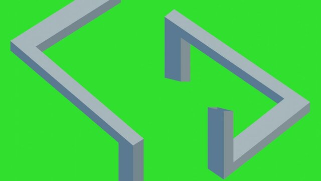 Penrose triangle graphic paradox, rotating solids at a certain angle, displays a paradoxical geometric 3D solid. Triangular arrow pointing to the right. White body on green screen