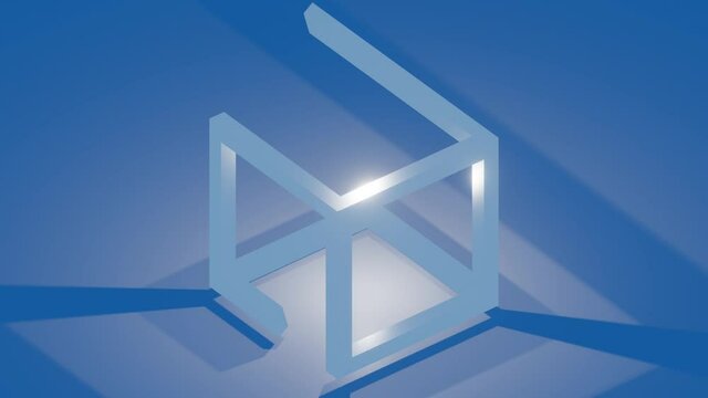 Impossible cube paradox, unreal geometric 3d body, metallic object moving on blue background. Vfx video, motion graphics, optic illusion