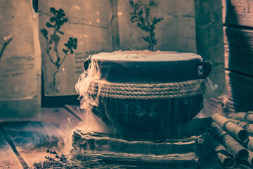Odd witcher cauldron with dried plant cards for Halloween.