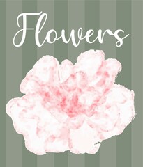 Ilustración diseño de flor en tonos rosados y rosa bebé en acuarelas sobre fondo a rayas verde seco. 
