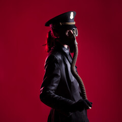 fantastic Nazi in black leather clothes and a cap with a gas mask on face, red background