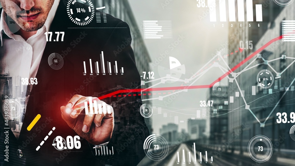 Poster conceptual business dashboard for financial data analysis . 3d render computer graphic .