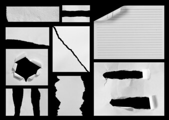 Set of piece torn paper on black. Copy space.