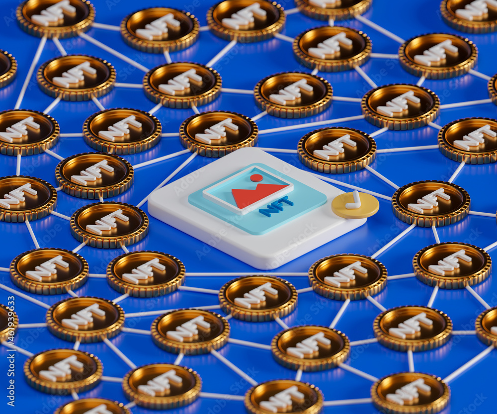 Poster 3d rendering concept nft or non fungible token. concept blockchain technology isometric illustration