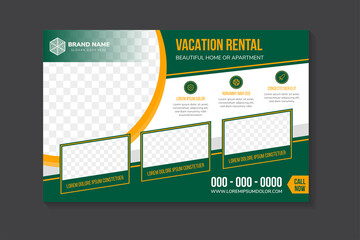 Flyer template design with example headline is vacation rental a home and apartment. Curve for space of photo collage. Advertising banner with horizontal layout. green background and yellow element.