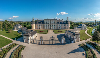 Aerial view of L'Huillier-Coburg Palace in Edelény is the seventh largest palace in Hungary....