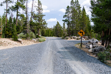 Newly graded gravel road near Fiddlers Lake and the Little Popo Agie River outside of Lander,...