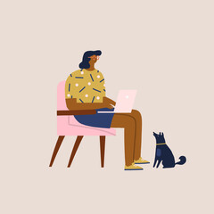 Young women sitting in a chair work on laptop at home or modern coworking space with dog. Freelancer working online illustration in vector. Vector illustration - 461940665