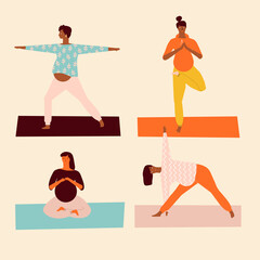 Fototapeta na wymiar Pregnant Yoga women doing meditation in vector. Healthy lifestyle illustration. Vector illustration