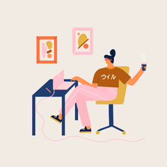 Women sitting at a desk working online on a laptop at home or modern office and drinking cup of coffee. . Vector illustration - 461941028