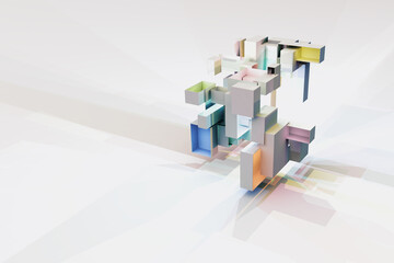 Abstract 3D illustration of a jumble of open boxes with multi colored lights inside