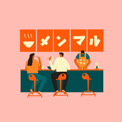 Men and women eat ramen and sushi together on date illustration in vector. People have lunch in asian restaurant. Vector illustration - 461941072