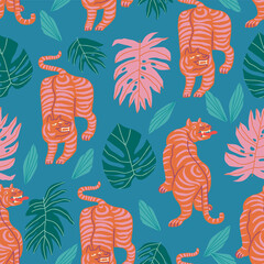 Tropical floral and tigers pattern in vector. Monstera, palm leaves and leopards in the jungle design. Vector illustration