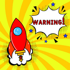 Warning, Font expression pop art.  Warning in comic pop art style.  Warning message in sound speech bubble in pop art style. Comic book explosion with text Warning.