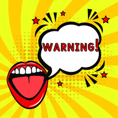 Warning, Font expression pop art.  Warning in comic pop art style.  Warning message in sound speech bubble in pop art style. Comic book explosion with text Warning.