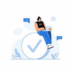 Business girl using laptop sitting on a huge checkmark, done concept