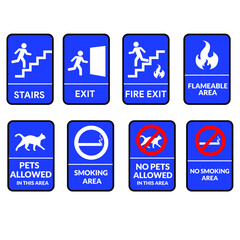 vector sign stairs exit, fire exit, pet not allowed, pet allowed
