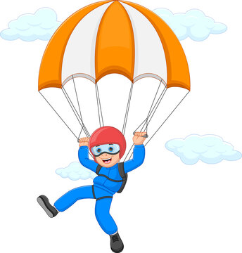 Cartoon Happy Boy Skydiving On White Background