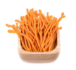 Cordyceps mushroom on wooden bowl over white background