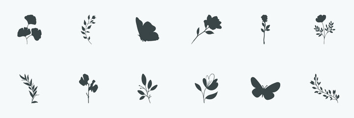 Fototapeta na wymiar floral set of silhouettes of plants and flowers