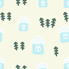 Hand drawn winter seamless pattern with houses and Christmas trees. Perfect for T-shirt, textile and prints. Cartoon style vector illustration for decor and design.
