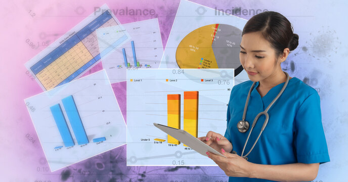 Female doctor holding digital tablet in hand with results shown by tables and chart behind.