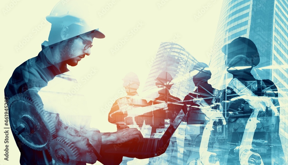 Poster mechanized industry of future factory double exposure image . concept of robotics technology for ind