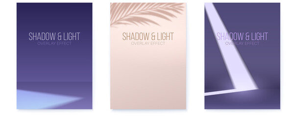 Set of posters with light of spotlight and shadows. Minimalistic covers. Scene for product display. Vector poster.