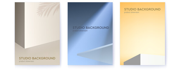 Set of covers with studio backgrounds. Shadow, ray of light and minimal design. Studio for product display with copy space.