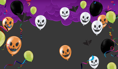 Fototapeta na wymiar Happy Halloween banner trick party balloons, ghost, bats, Party invitation background Vector illustration