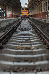 Fototapeta na wymiar Chiangmai, Thailand - Sep 08, 2020 : The train is parked at platform waiting for passengers in Chiang mai railway station. Thailand, No focus, specifically.