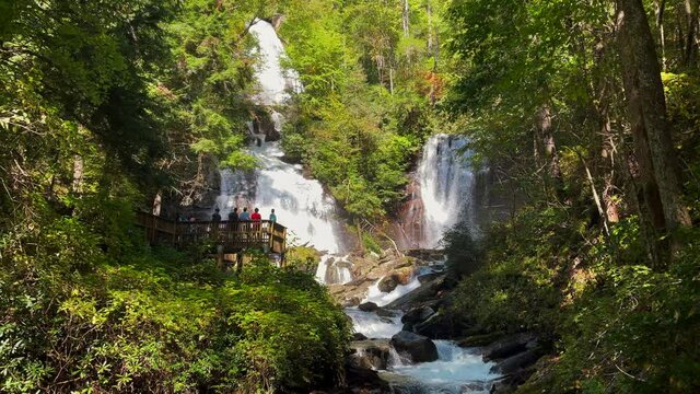Panoramic 4K video of Ana Ruby Waterfalls in Unicoi state park near Helen in Georgia